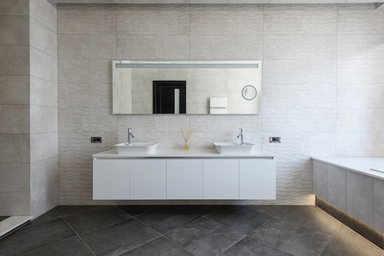 minimalists cabinet in a monochromatic bathroom