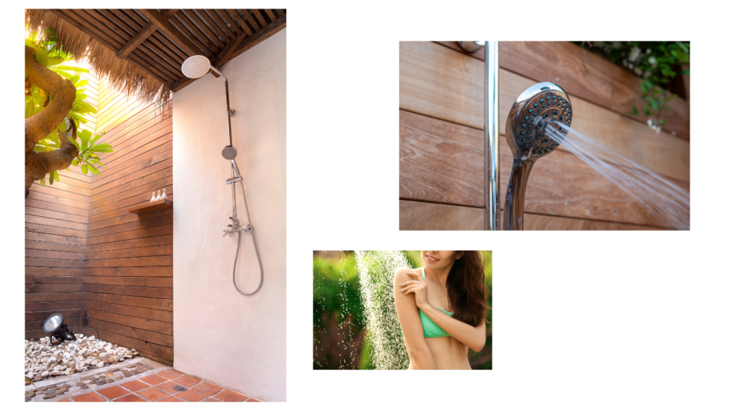 outdoor shower with solar heating and teak wood paneling