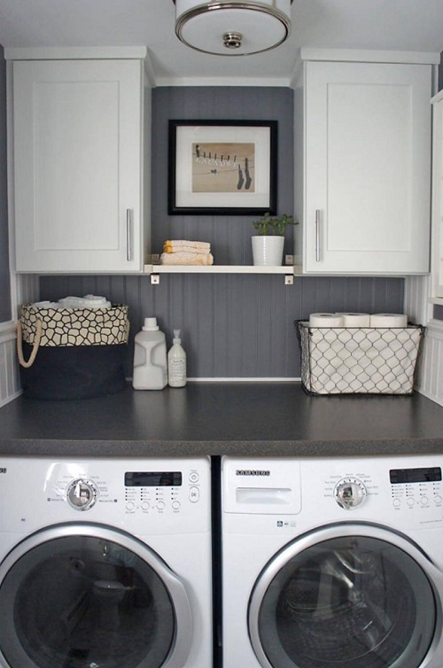 warm gray and white laundry room
