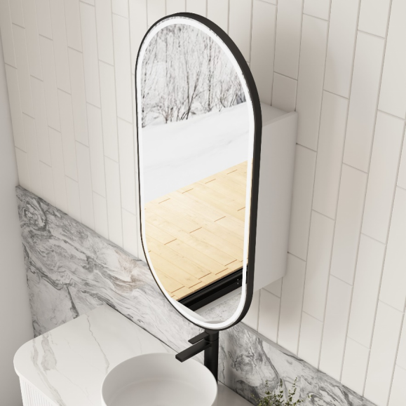 LED Shaving cabinet Oval Matt Black Framed Touch Sensor Backlit for Bathroom